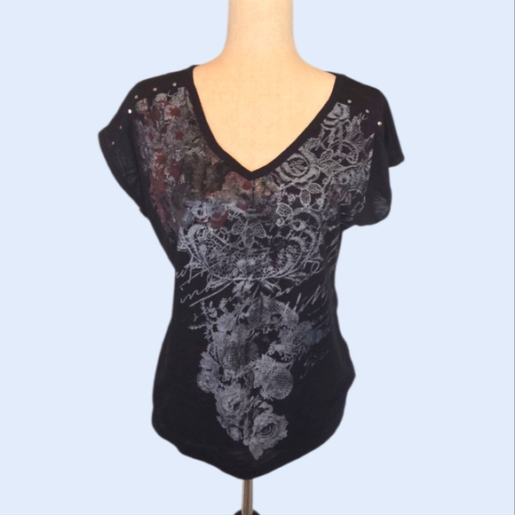 Faded Glory Black Graphic Relaxed T-shirt Sleeveless, Embelished Studs - Picture 1 of 8